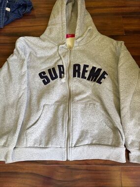 Supreme Gray Zip-Up Hoodie with Navy Arch Logo